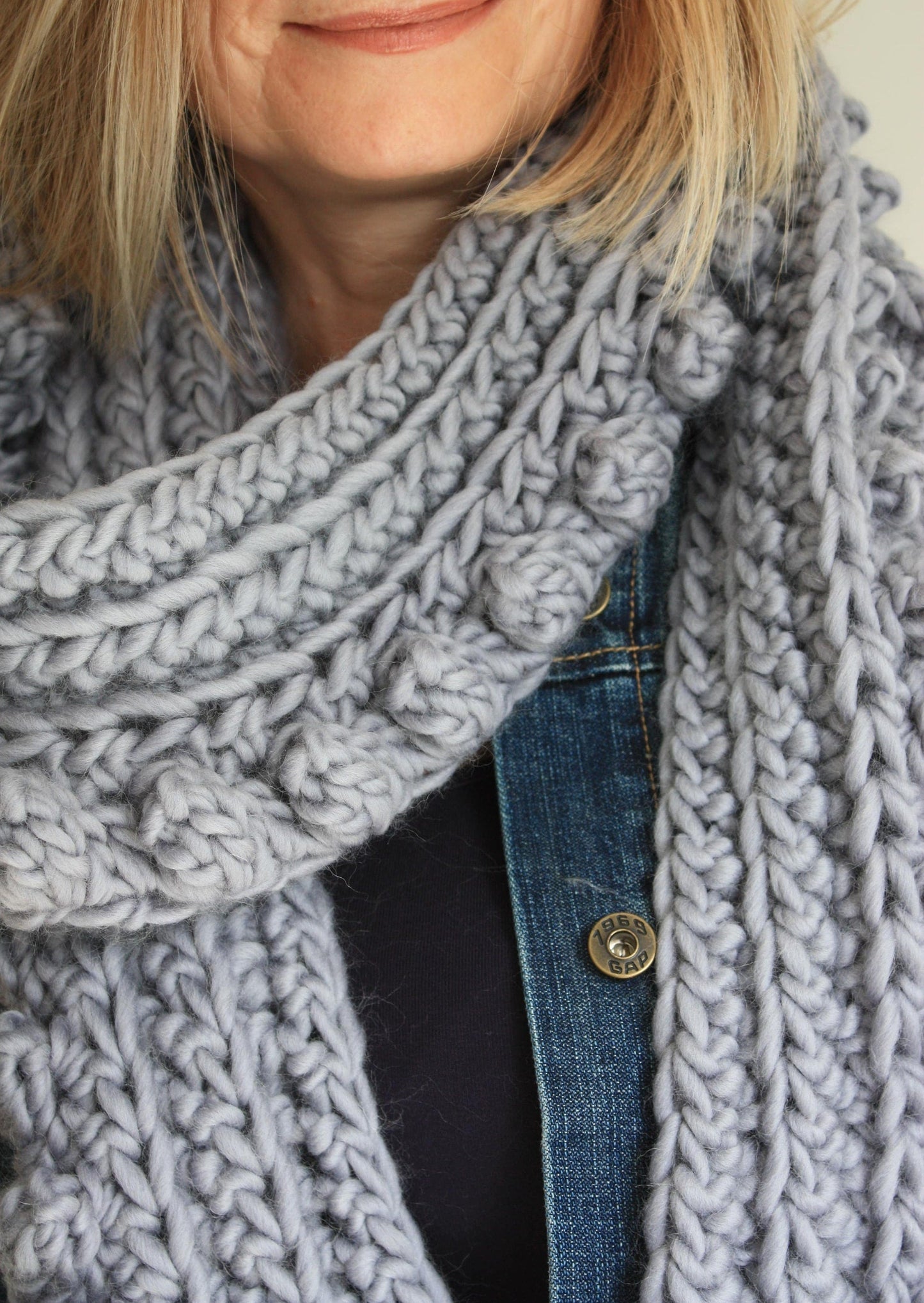Easy Crochet Pattern - Chunky Oversized Crochet Bobble Scarf | Spots And Stripes Scarf - King & Eye