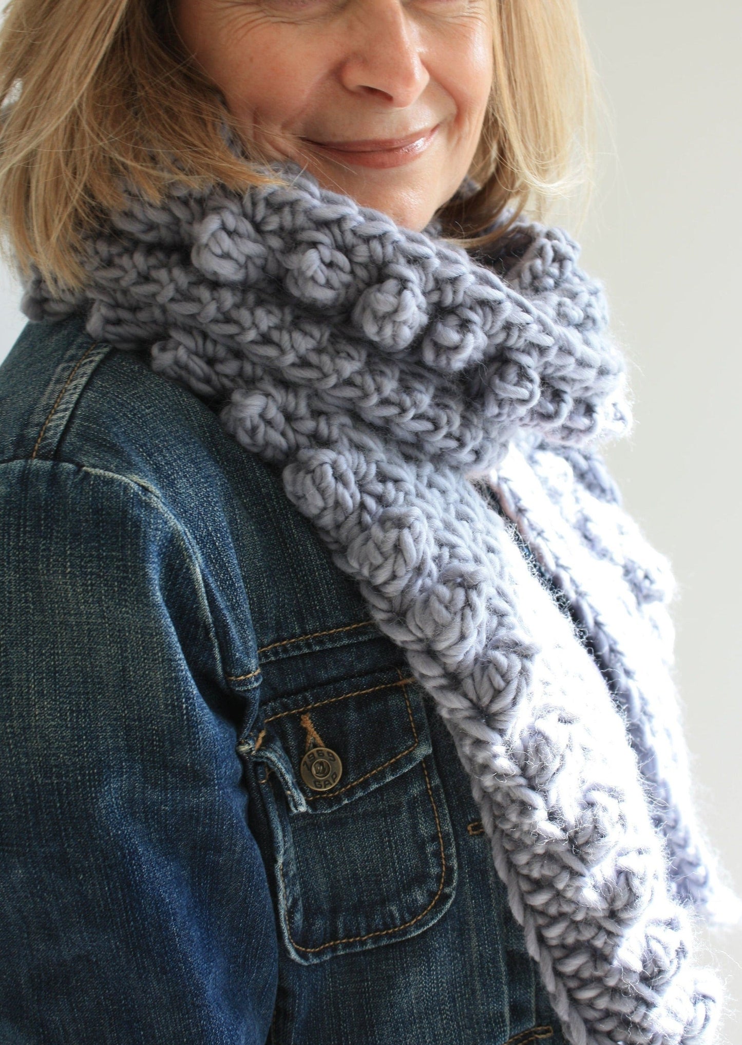 Easy Crochet Pattern - Chunky Oversized Crochet Bobble Scarf | Spots And Stripes Scarf - King & Eye