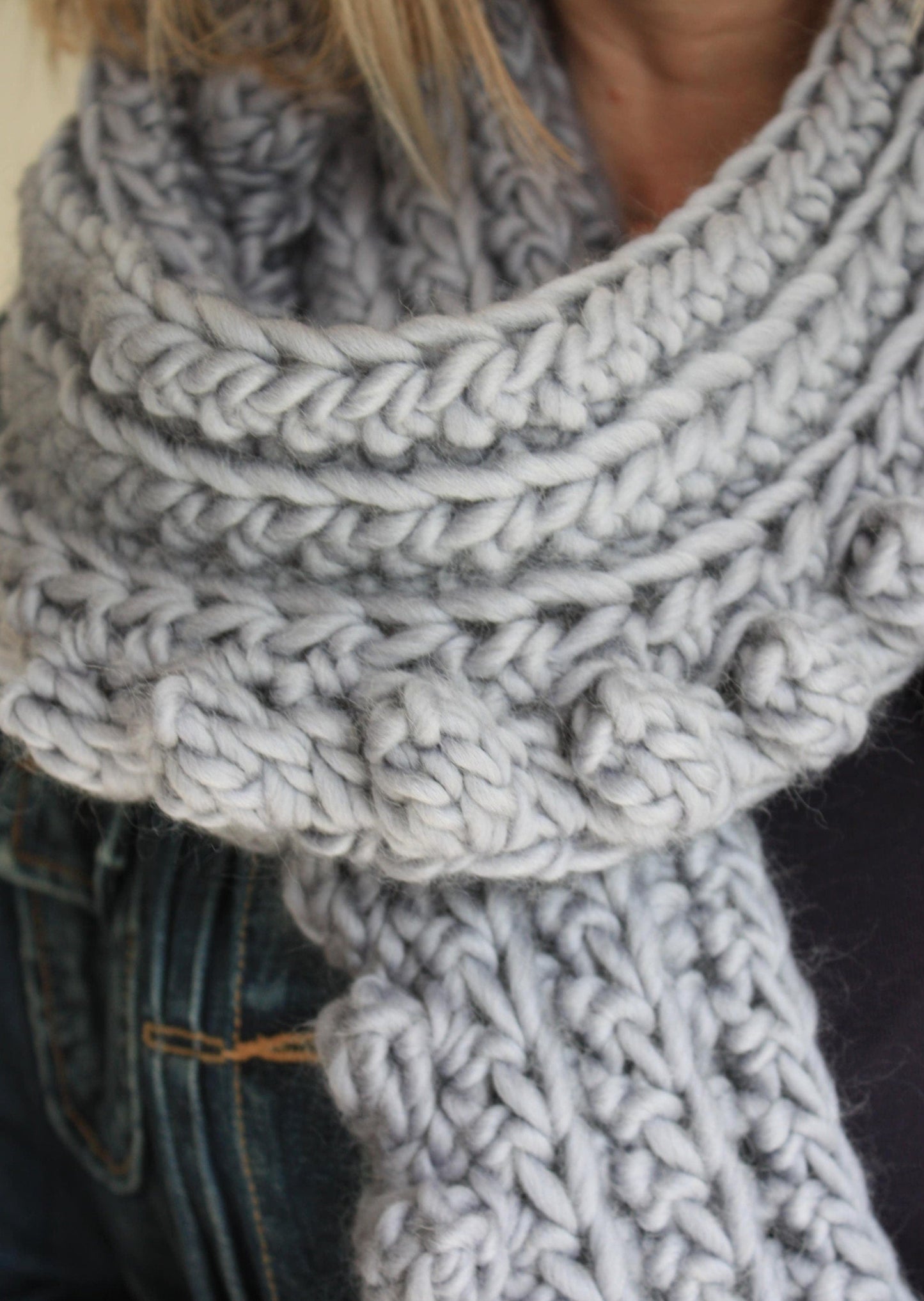 Easy Crochet Pattern - Chunky Oversized Crochet Bobble Scarf | Spots And Stripes Scarf - King & Eye