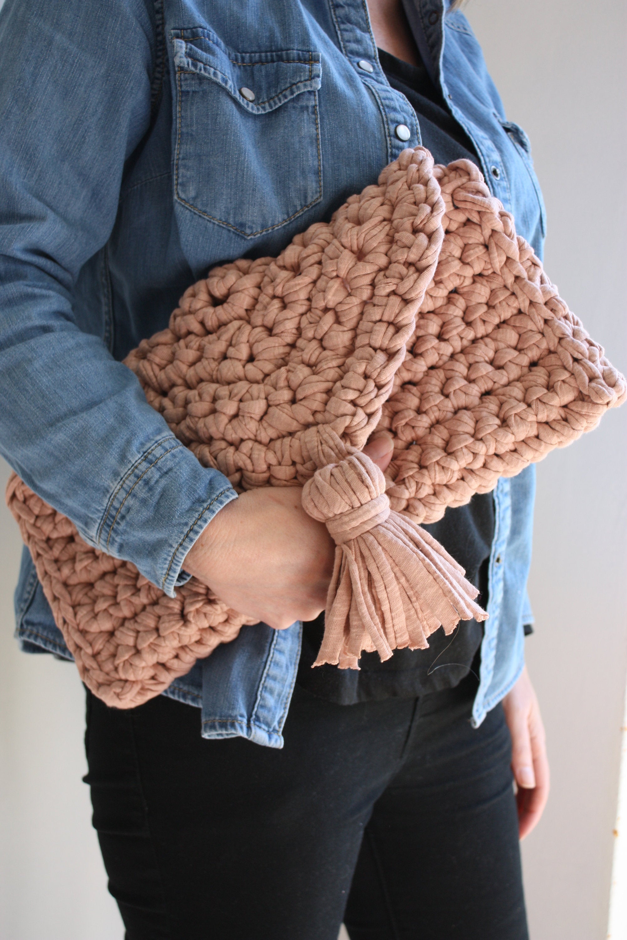 Women Crochet T-shirt Yarn Handbag, Knit Combed Bag, Large Crochet