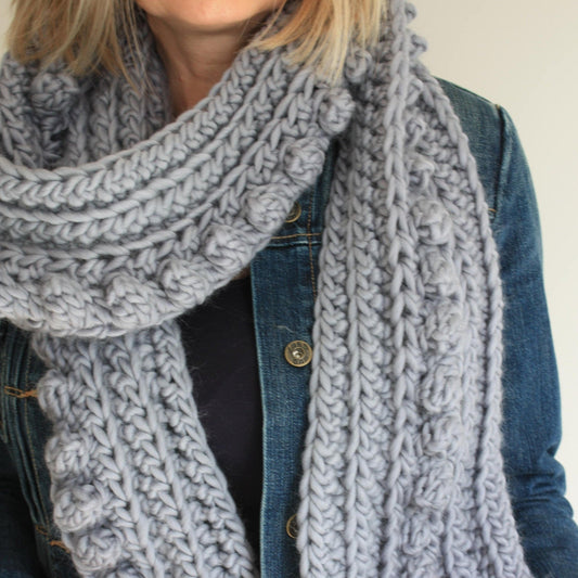 Easy Crochet Pattern - Chunky Oversized Crochet Bobble Scarf | Spots And Stripes Scarf - King & Eye