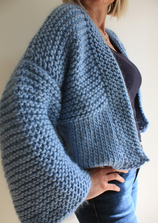 Crochet Knit Cropped Cardigan - Luxury Blue